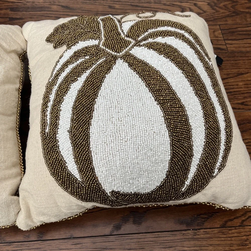 Lot Of 2 mi chateaux pillows beaded pumpkins Gold White 15